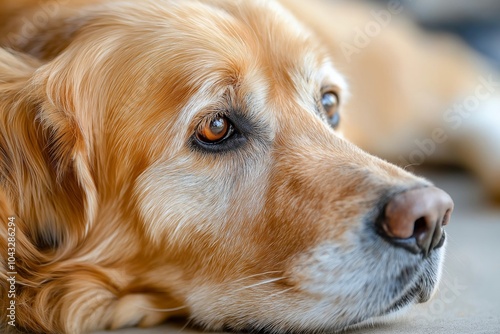 A serene golden retriever rests, gazing thoughtfully with soulful eyes.