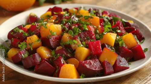 Fresh Beetroot Mango Salad on Wooden Table