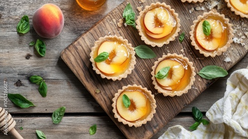 Fresh Peach Tartlets on Rustic Wooden Background