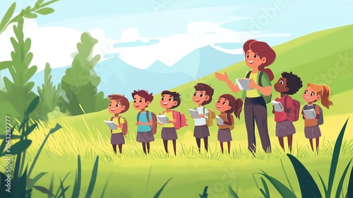 Outdoor learning experience with children enjoying nature and a guide.