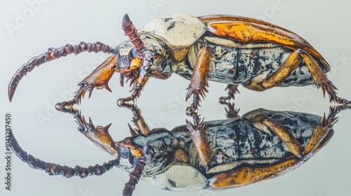 An intriguing close-up of a horned beetle perched on a white surface, with its reflection visible, emphasizing its shiny texture and elegant form in vivid detail. photo