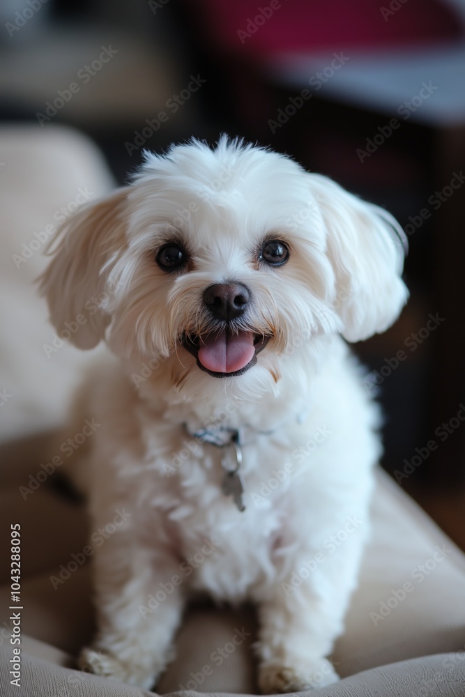 A fluffy white dog with a playful and friendly expression, sitting on a comfortable indoor setting. A fluffy white dog with a playful and friendly expression, sitting on a comfortable indoor setting.