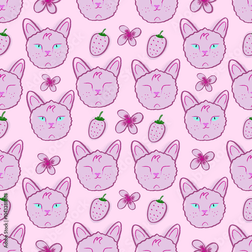 cute cat and strawberry .Seamless Pattern. hand drawn for fabric, wrapping, textile, wallpaper, apparel. Vector illustration.