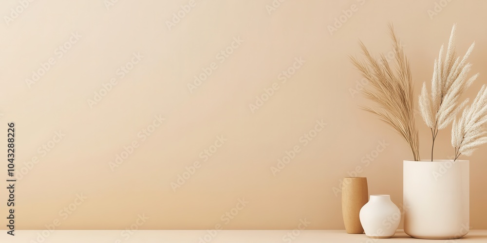 Dried grass in decorative vases on a soft beige background. Dried grass in decorative vases on a soft beige background.
