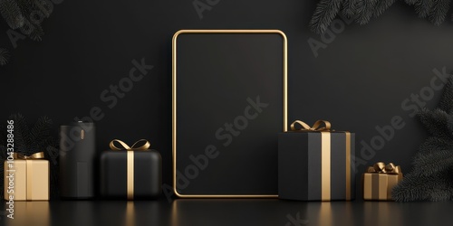 Elegant display of gifts and a blank frame on a dark background.