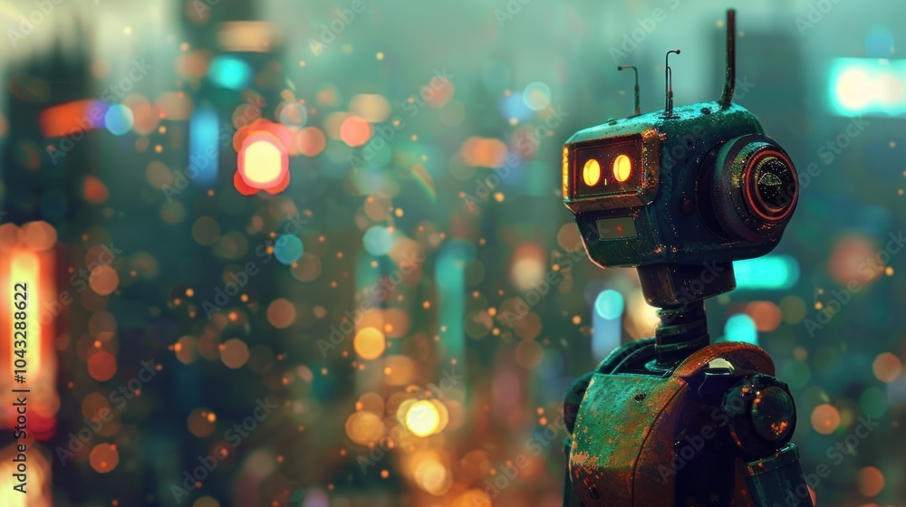 Portrait of a robot in a blurry cityscape, AI generated image Portrait of a robot in a blurry cityscape, AI generated image