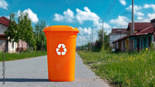 An orange recycling bin stands on a road surrounded by greenery and houses under a bright blue sky.