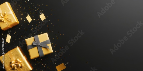 Festive gold gift boxes with ribbons and sparkles on a dark background.