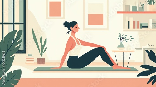 Woman practicing yoga in a serene indoor atmosphere with plants and decor. photo