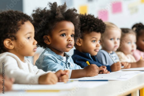 Multinational group of little kids in a kindergarten sitting at a desk and drawing