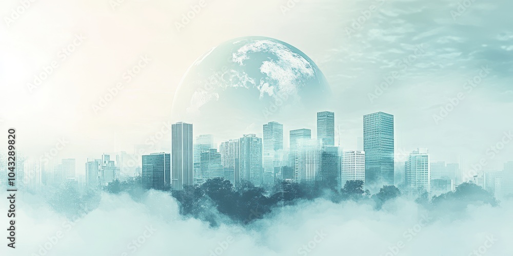 Fototapeta premium Futuristic city skyline with clouds and planet in the background.