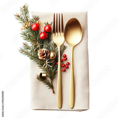 Elegant Christmas serving cutlery on a napkin top view isolate on transparent background photo