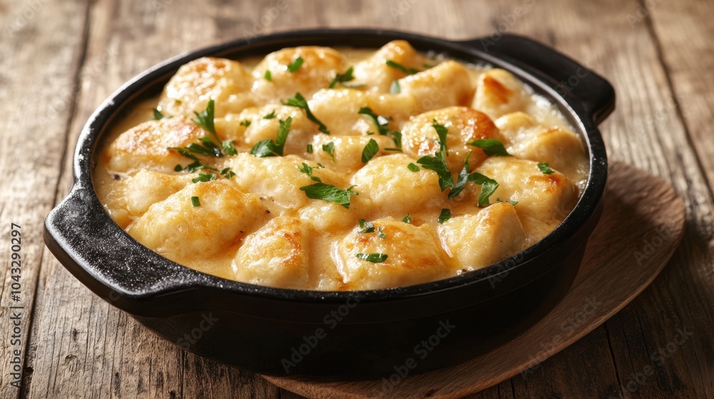 Scalloped Potatoes in Cast Iron Skillet Garnished with Parsley Scalloped Potatoes in Cast Iron Skillet Garnished with Parsley