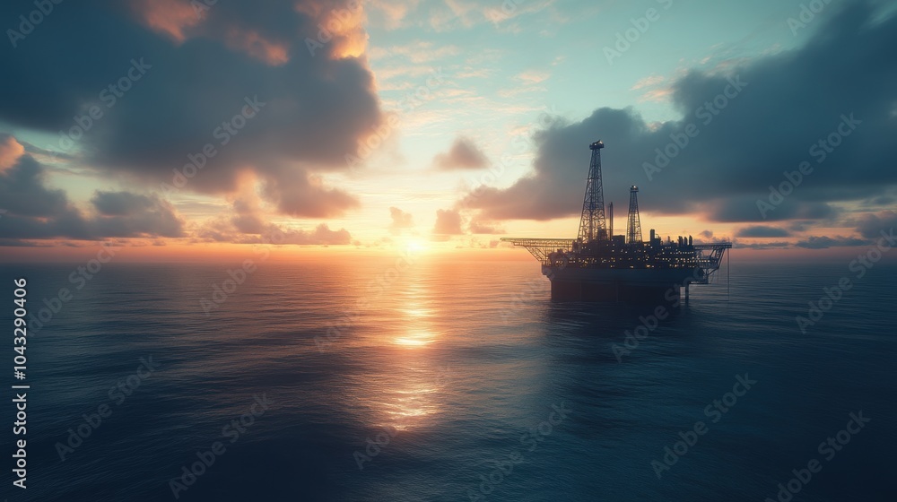 Offshore oil rig at sunset: energy production at sea Offshore oil rig at sunset: energy production at sea
