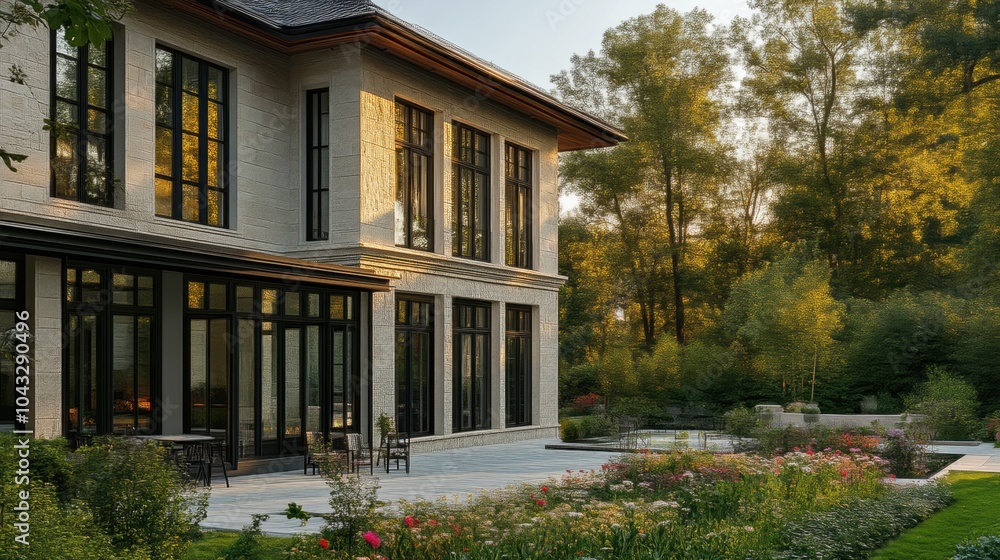 Fototapeta premium Elegant two-story photorealistic building with natural stone exterior in a serene forest setting