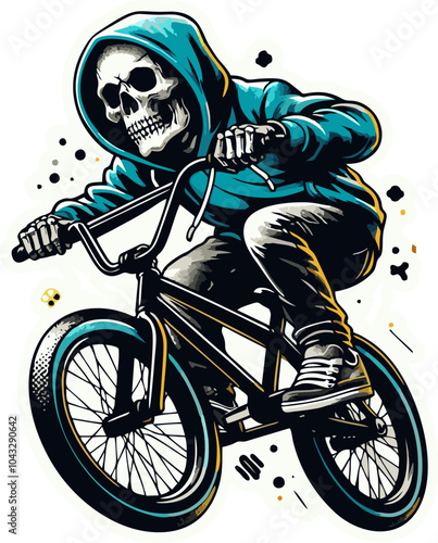 Illustrator vector graphic of skull man ridding bmx and mountain bike wear hoodie with bold line drawing