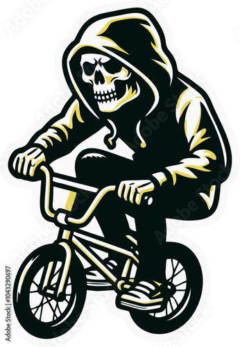 Illustrator vector graphic of skull man ridding bmx and mountain bike wear hoodie with bold line drawing