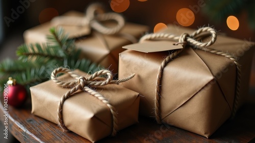 Beautifully wrapped gifts with rustic twine and pine decorations, perfect for a cozy holiday setting.