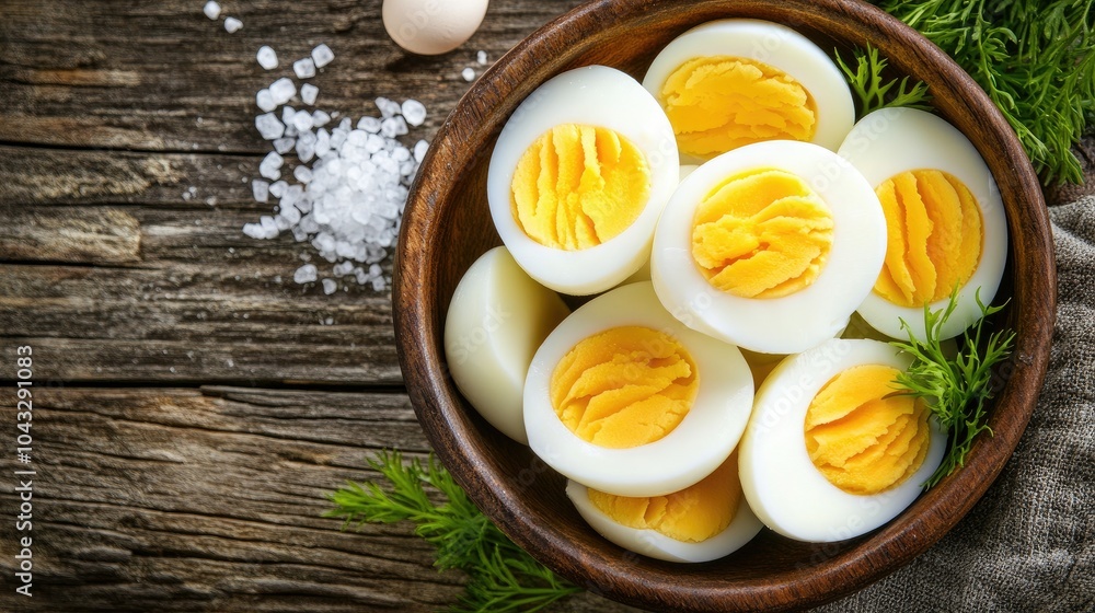 Hard-boiled eggs in a bowl, some peeled and others with shells on, placed on a rustic wooden table with a pinch of salt nearby. --chaos Hard-boiled eggs in a bowl, some peeled and others with shells on, placed on a rustic wooden table with a pinch of salt nearby. --chaos