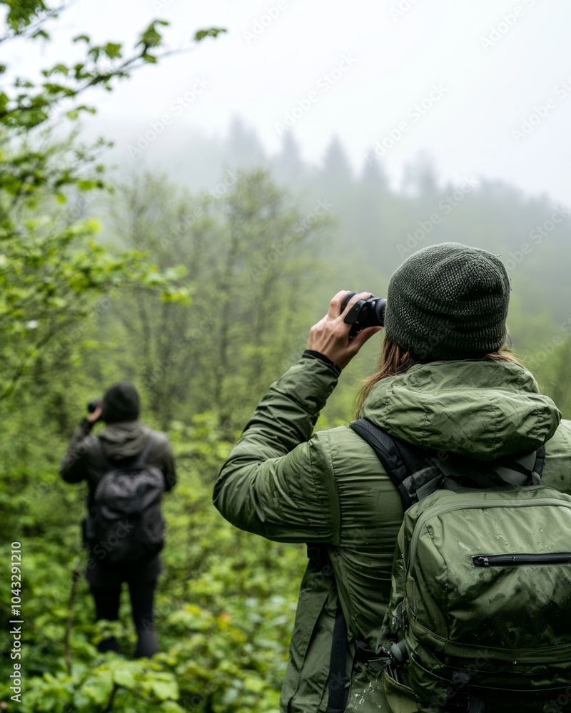 Fototapeta premium Birdwatchers Trekking in Misty Forests