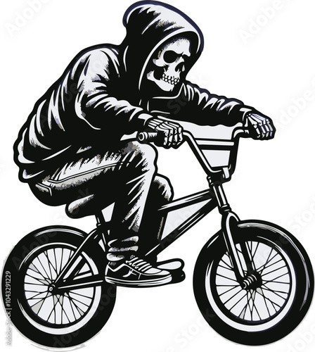 Illustrator vector graphic of skull man ridding bmx and mountain bike wear hoodie with bold line drawing