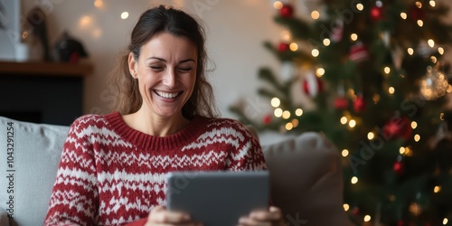 Happy woman using tablet at home during Christmas season. photo