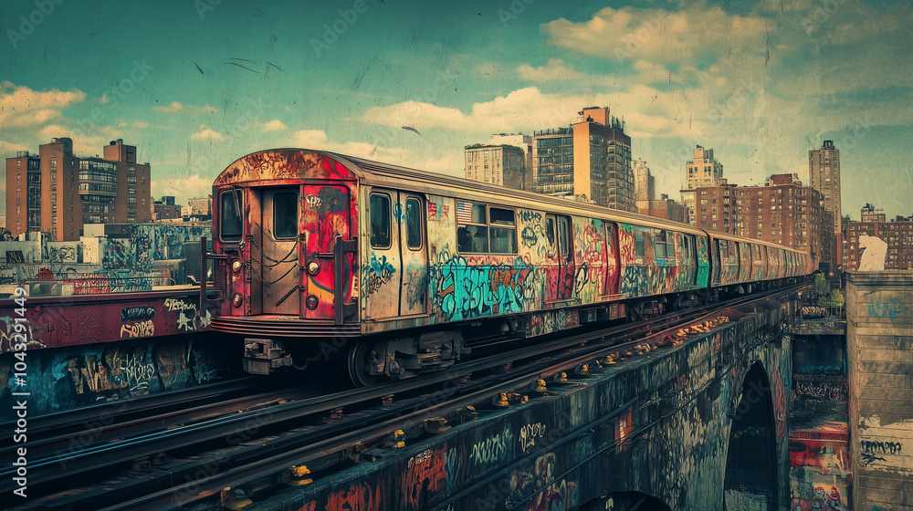 old metro with graffiti going through a city old metro with graffiti going through a city