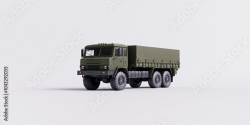 Military truck model in green color on a white isolated background.