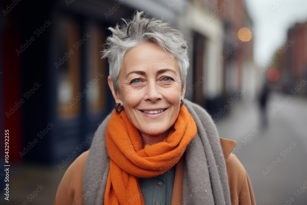 Portrait of happy senior woman with scarf in the city street. Portrait of happy senior woman with scarf in the city street.