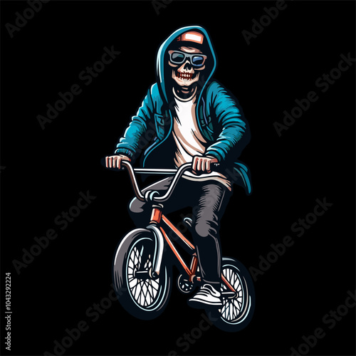 Illustrator vector graphic of skull man ridding bmx and mountain bike wear hoodie with bold line drawing