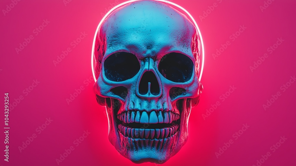 A vibrant skull illuminated by neon lights against a pink background, creating a striking and artistic display with a modern aesthetic. A vibrant skull illuminated by neon lights against a pink background, creating a striking and artistic display with a modern aesthetic.