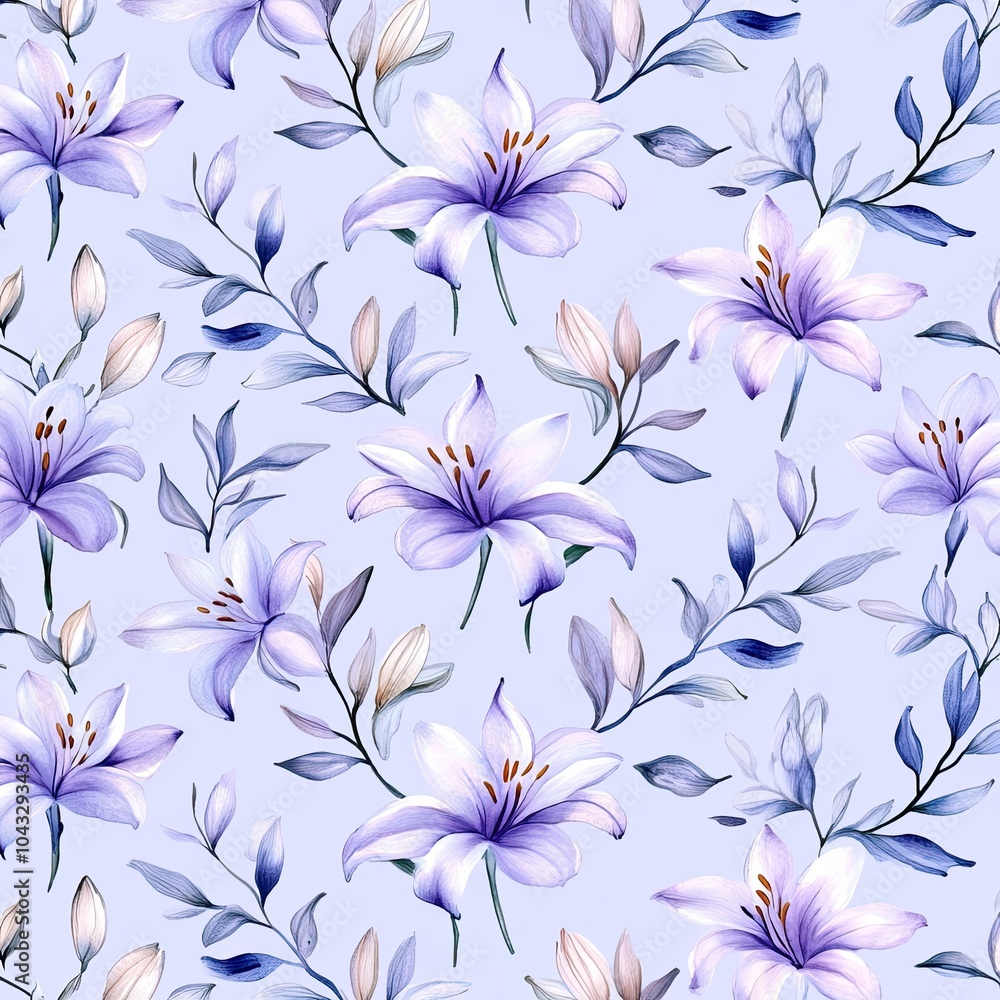 Fototapeta premium A delicate floral pattern featuring soft lavender lilies and green leaves on a light blue background, evoking a serene and elegant atmosphere.
