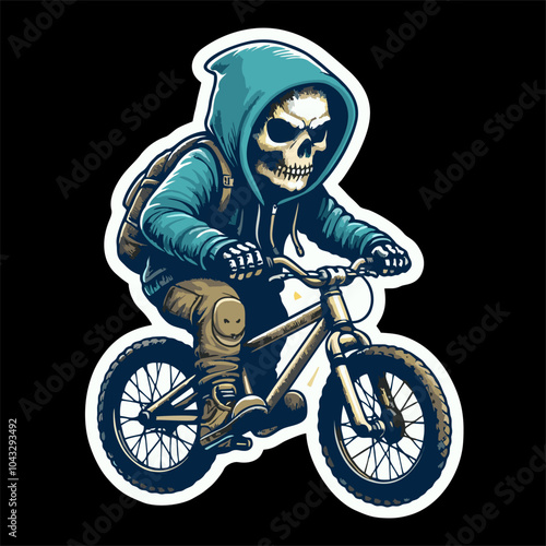 Illustrator vector graphic of skull man ridding bmx and mountain bike wear hoodie with bold line drawing