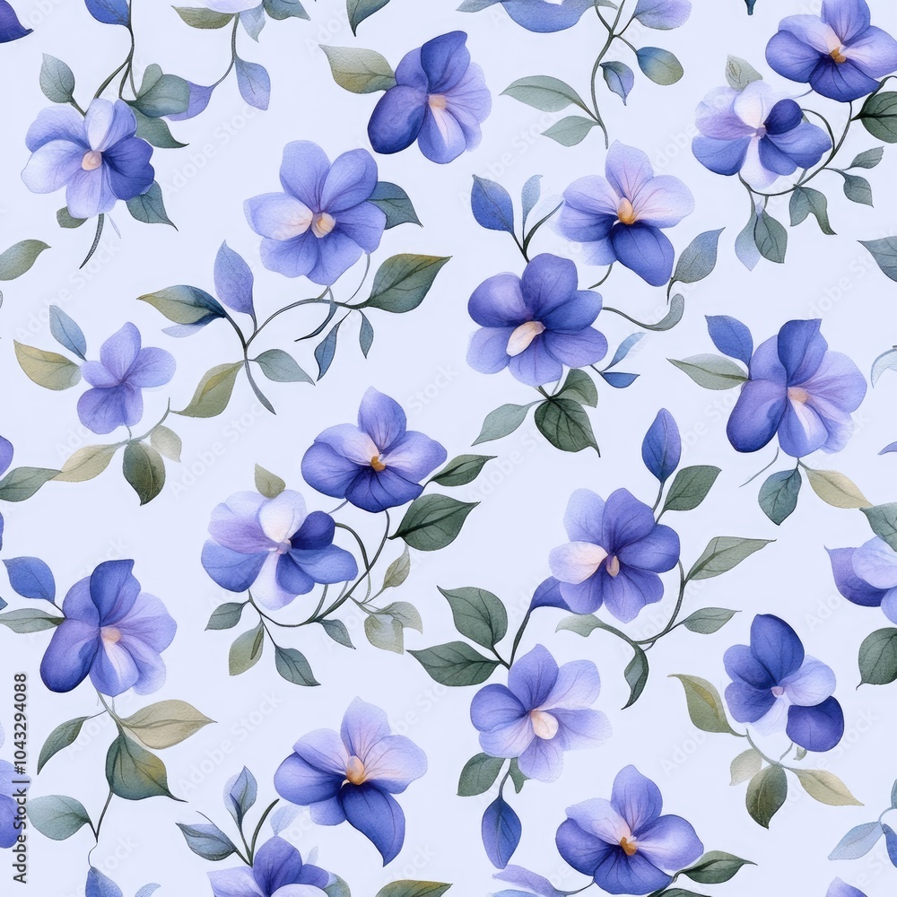 A delicate pattern of blue violets intertwined with green leaves on a soft background, creating a fresh and elegant floral design. A delicate pattern of blue violets intertwined with green leaves on a soft background, creating a fresh and elegant floral design.