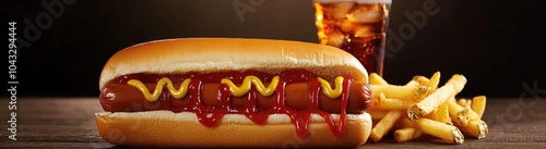 A hot dog with ketchup and mustard in a bun, fries on the side.