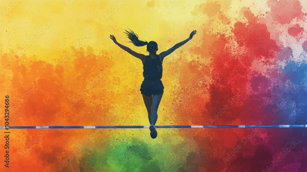 Runner Crossing Finish Line with Arms Raised in Victory