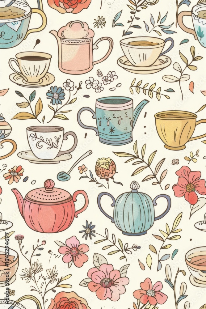 Obraz premium Floral Tea Party Wallpaper Design with Pastel Teacups and Pots