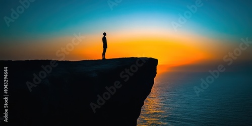 Silhouette of a person standing on a cliff at sunset over the ocean. photo