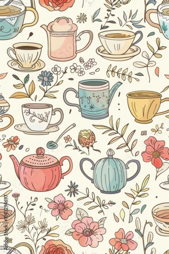 Floral Tea Party Wallpaper Design with Pastel Teacups and Pots photo