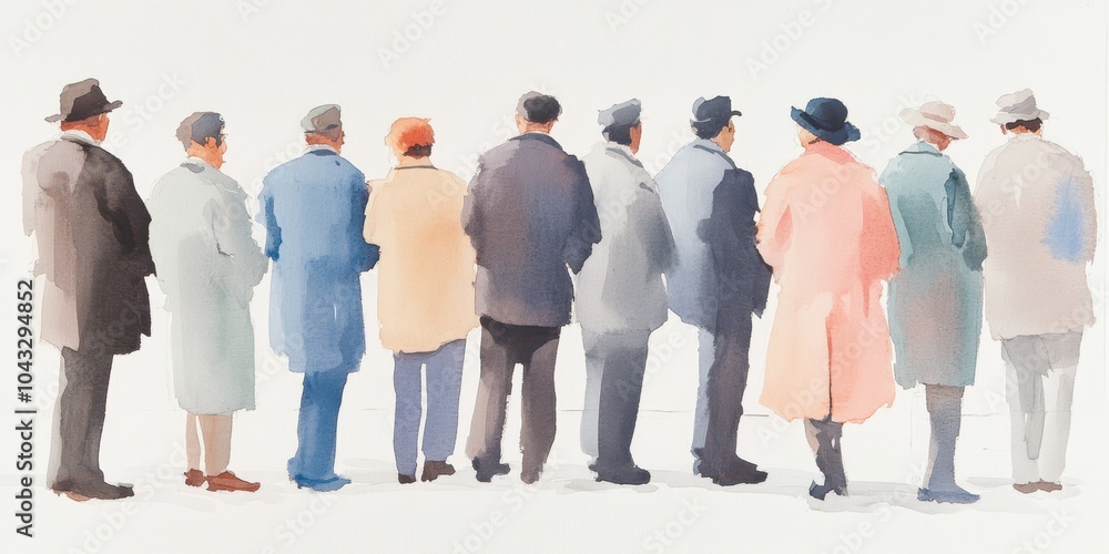 Fototapeta premium Silhouetted figures of people standing in line, facing away, isolated background.