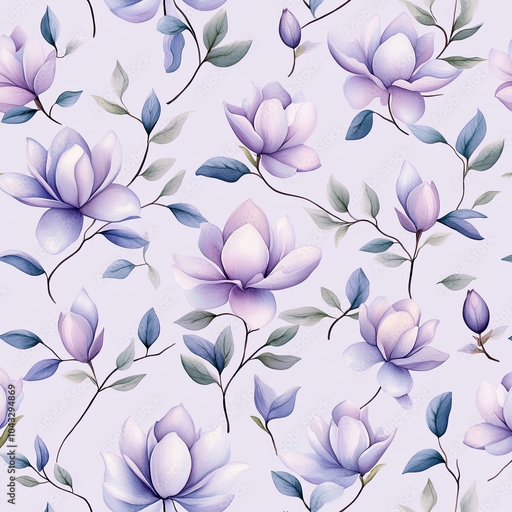 Obraz premium A delicate floral pattern featuring light purple flowers and soft green leaves set against a pale background.