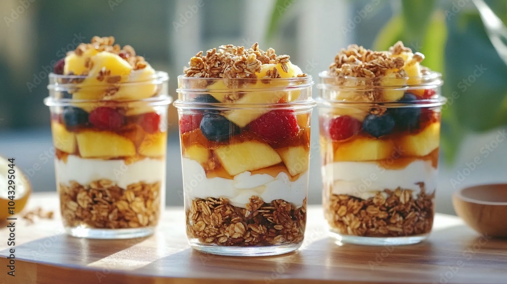 Granola with yogurt and fresh berries in glass jars on wooden table. Healthy breakfast. Granola with yogurt and fresh berries in glass jars on wooden table. Healthy breakfast.
