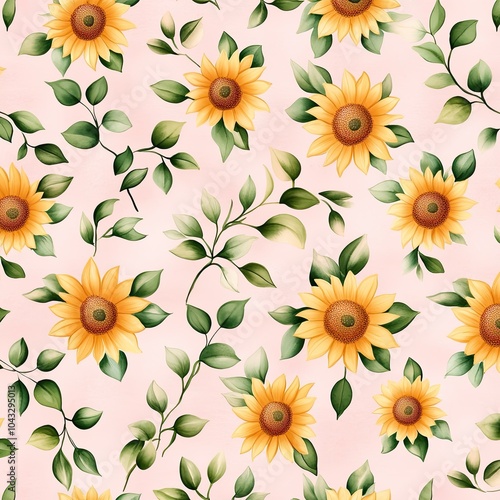 Wallpaper Mural A vibrant floral pattern featuring cheerful sunflowers and green leaves against a soft pink background, ideal for various design projects. Torontodigital.ca