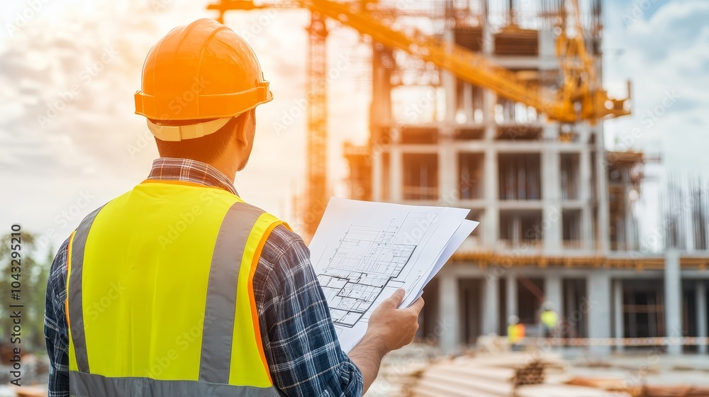 Construction worker in uniform stands confidently at a construction site, gazing at a new building while holding a blueprint, showcasing the role of engineers in modern architecture and development Construction worker in uniform stands confidently at a construction site, gazing at a new building while holding a blueprint, showcasing the role of engineers in modern architecture and development
