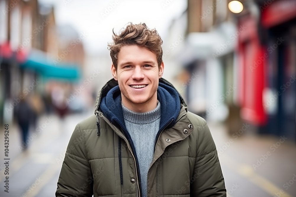 Portrait of a handsome young man smiling at the camera while standing in a street. Portrait of a handsome young man smiling at the camera while standing in a street.