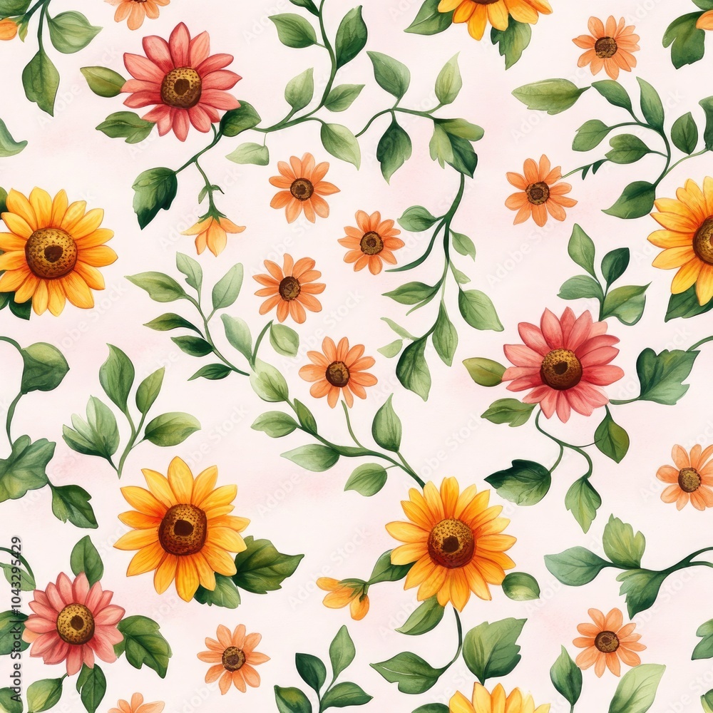 **Description:** A vibrant floral pattern featuring sunflowers and pink flowers entwined with green leaves on a soft pastel background. **Description:** A vibrant floral pattern featuring sunflowers and pink flowers entwined with green leaves on a soft pastel background.