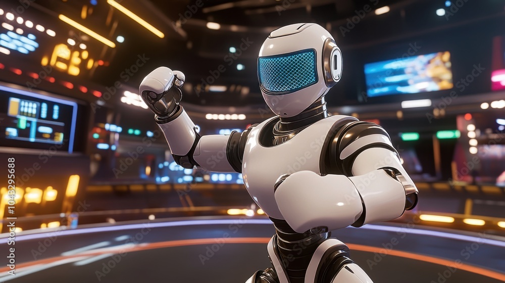 Robot Boxer Delivering a Swift Jab in Futuristic Arena Robot Boxer Delivering a Swift Jab in Futuristic Arena