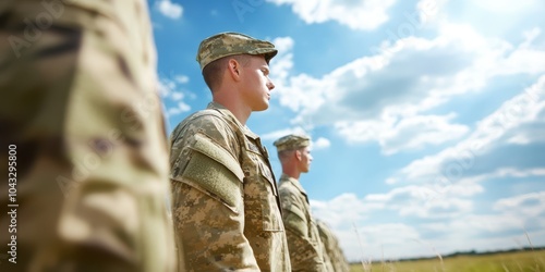 Soldiers standing in formation against a blue sky with clouds. photo