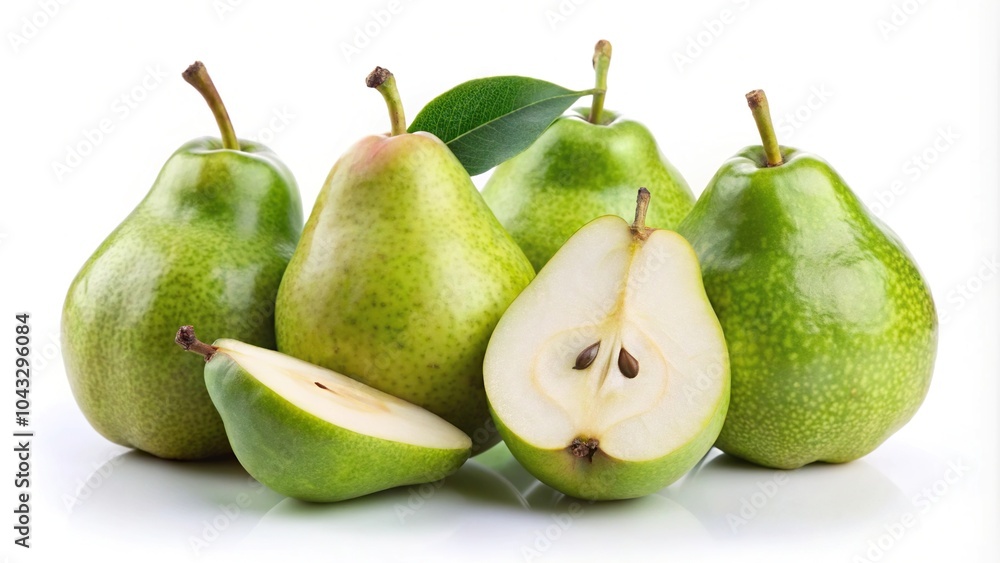 Ripe green pears whole and split isolated on white background Ripe green pears whole and split isolated on white background