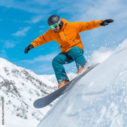 Dynamic snowboarder in orange jacket carving through fresh snow